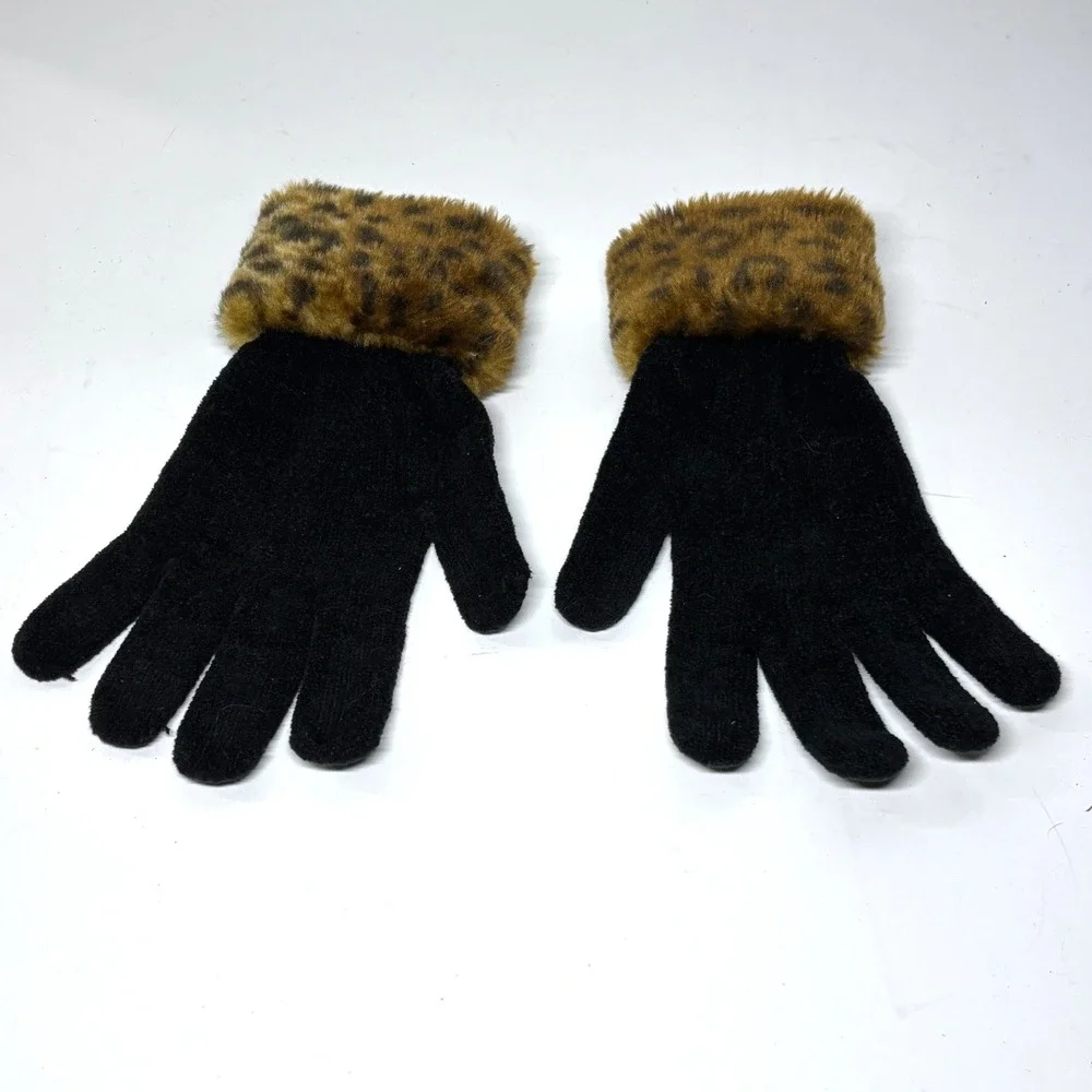 Knit Gloves Women One‎ Size Black Excellent Leopard Faux Fur Trim RM87227